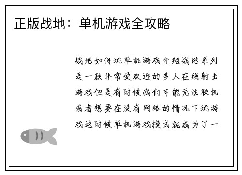 正版战地：单机游戏全攻略